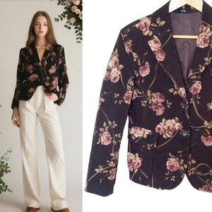 Brown Floral Velvet Blazer Italian Designer Rose Print Jacket